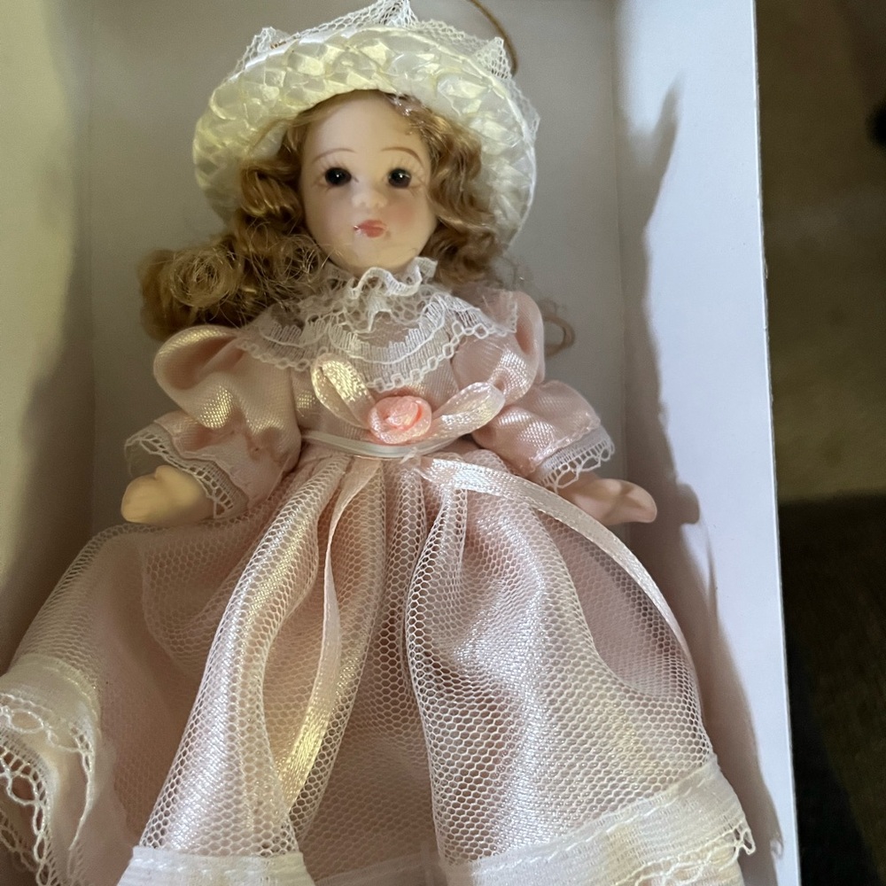 Porcelain Doll in Pink Dress with Hat
